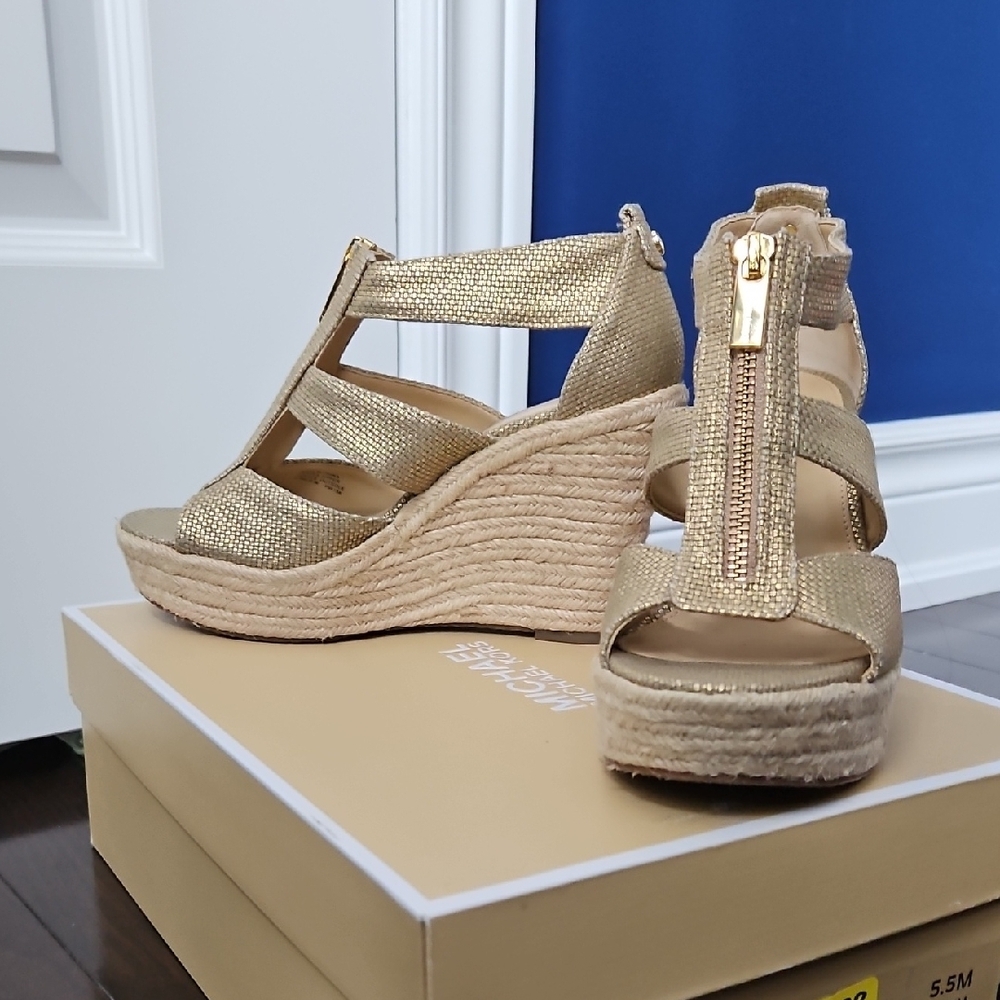 Michael Kors Gold Espadrille Wedges with Strappy Design